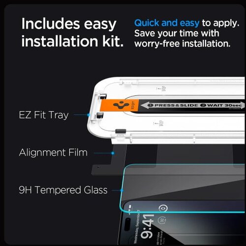  Kaljeno steklo SPIGEN Glas.TR EZ FIT, 2 kosa, za IPHONE 15 PRO MAX, prozorno Slike