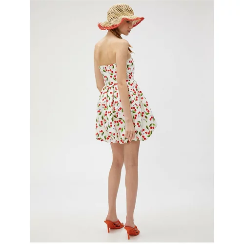 Koton Strapless Mini Dress Balloon Skirt Cherry Print Lined Cotton