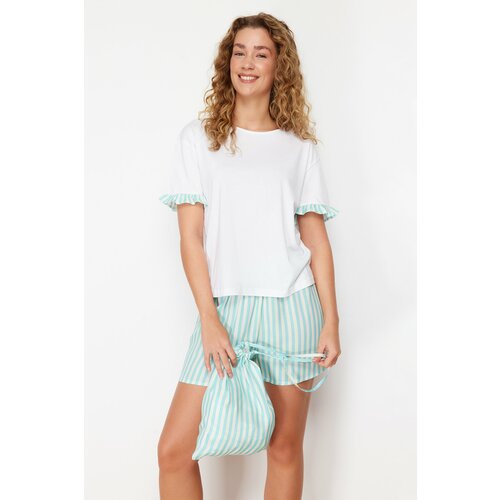 Trendyol White 100% Cotton Striped Knitted Pajamas Set Cene