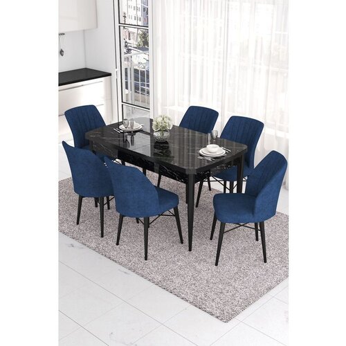 Hanah home Eva - Black Marble, Navy Blue Black MarbleNavy Blue Extendable Dining Table & Chairs Set (7 Pieces) Cene