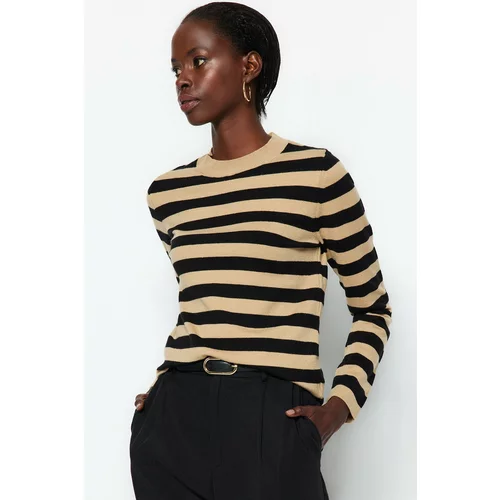 Trendyol Camel Premium/Special Yarn Soft Textured Basic Striped Knitwear Sweater