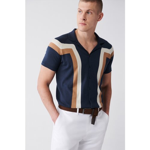 Avva Men's Navy Blue Cuban Collar Color Block Buttoned Standard Fit Normal Cut Knitwear T-shirt Slike