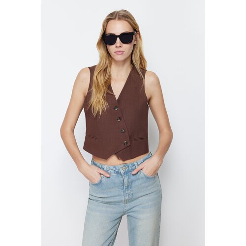 Trendyol Brown Crop Fitted Button Detailed Woven Vest Slike