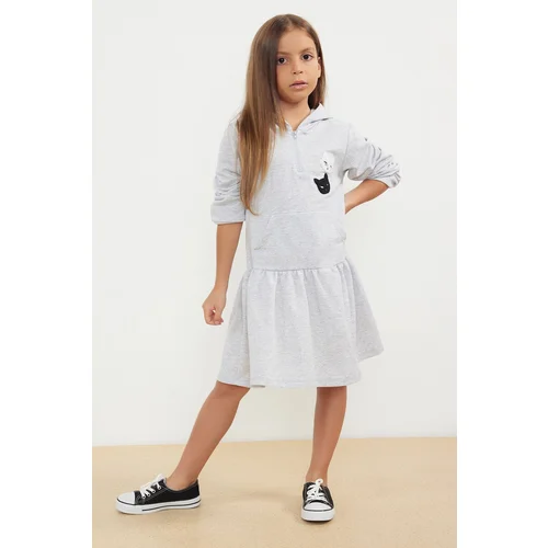 Trendyol Gray Melange Girl Seasonal-Thin Kangaroo Pocket Hooded Cotton Knitted Dress