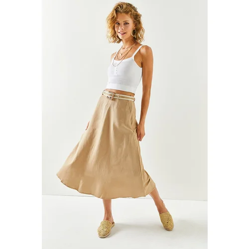 Olalook Women's Camel A-Line-Cut Midi Linen Skirt