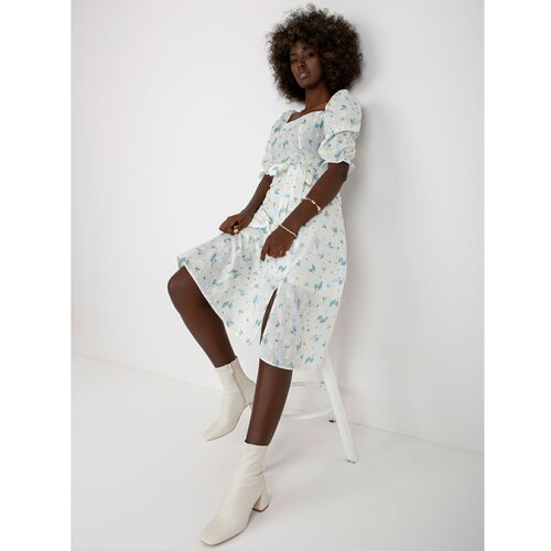 Fashion Hunters White and blue midi dress with prints and a slit Slike