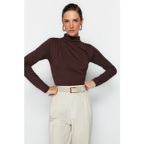 Trendyol Brown Smocking Detailed Stand Collar With Snap fastener, Flexible Knitted Body