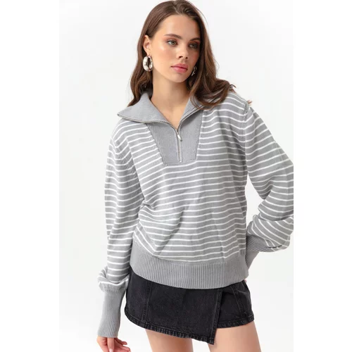 Lafaba Women's Gray Zipper Detailed Striped Knitwear Sweater