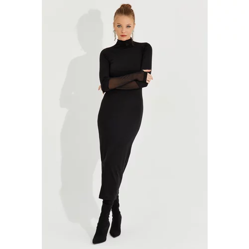 Cool & Sexy Women's New Year Black Tulle Detailed Midi Dress with Gloves