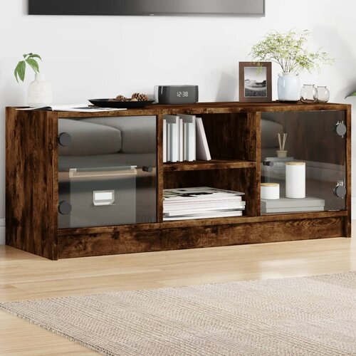  The Living Store TV omarica s steklenimi vrati dimljeni hrast 102x37x42 cm - TV Omarica, (21555579) Slike