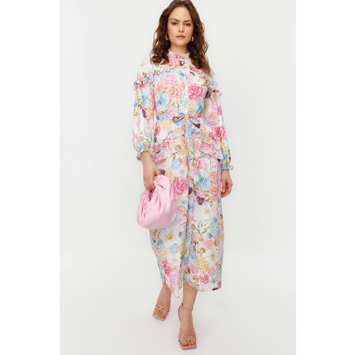 Trendyol Lilac Floral Ruffle Detailed Lined Woven Chiffon Dress Slike