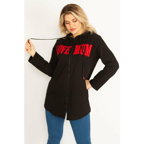 Şans Women's Plus Size Black Hooded Front Zipper And Print Detailed Sweatshirt Slike