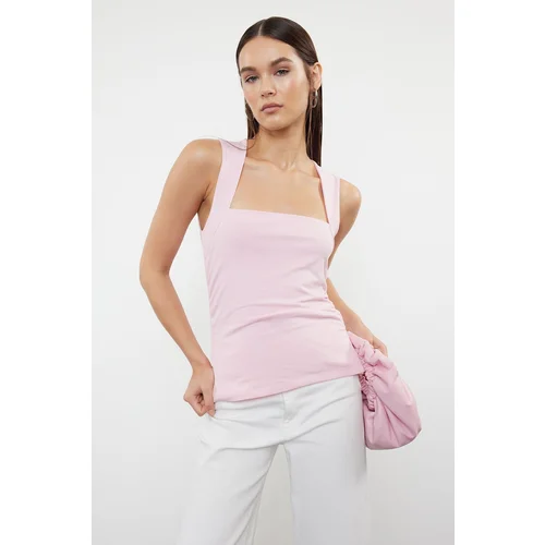 Trendyol Pink Plain Square Neck Strap Gathered Knitted Blouse