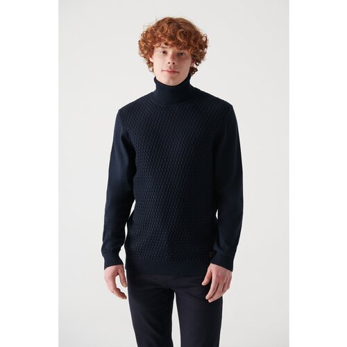 Avva Men's Navy Blue Full Turtleneck Front Textured Cotton Standard Fit Regular Cut Knitwear Sweater Slike