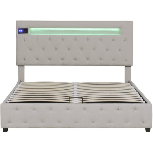 Lumor Postelja s predalom 140x200 cm iz lanu – z LED + USB priključki + Bluetooth predvajalnik – letveno dno – bež, (22150911) Cene