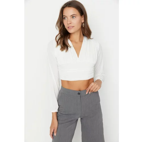 Trendyol White Draped Detailed Crop Knitted Blouse
