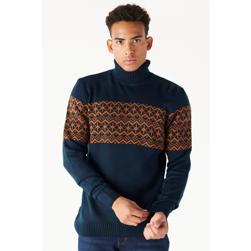 Altinyildiz classics Men's Navy Blue-tile Standard Fit Regular Fit Turtleneck Zigzag Pattern Knitwear Sweater