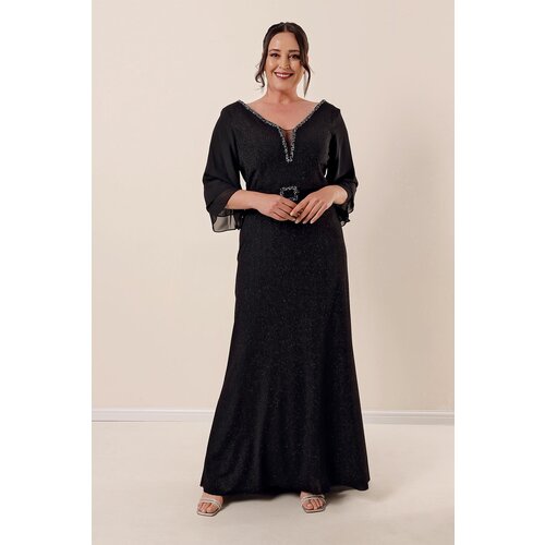By Saygı Front Back V-Neck Chiffon Sleeves Lined Buckle Plus Size Glittery Long Dress Slike