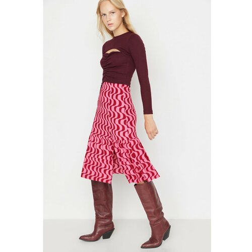 Trendyol Red Ruffle Printed Knitted Skirt Slike