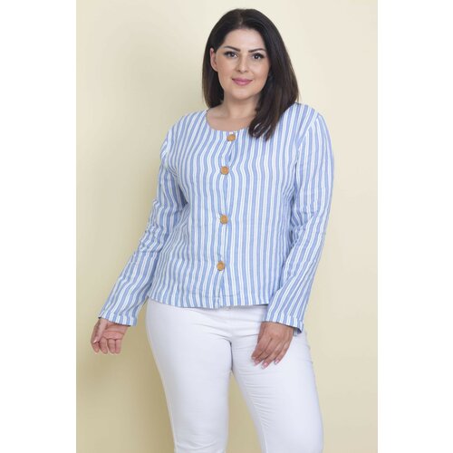 Şans Women's Plus Size Blue Linen Unlined Front Button Down Jacket Slike