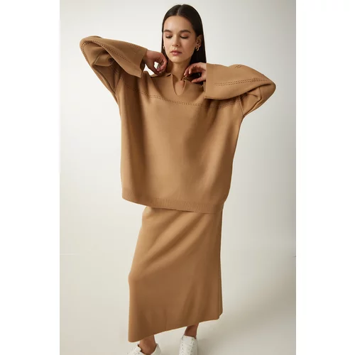 Happiness İstanbul Women's Camel Polo Collar Stylish Knitwear Sweater Skirt Suit