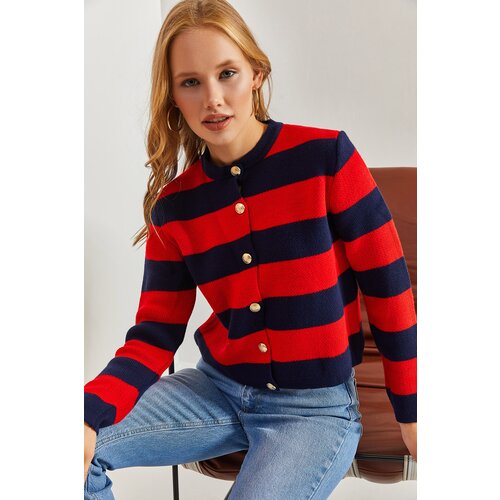 Bianco Lucci Women&amp;#039;s Thick Striped Knitwear Cardigan with Metal Buttons Slike