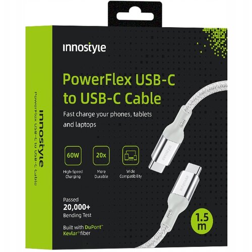 Innostyle POWERFLEX USB-C KABEL ZA HITRO POLNJENJE ZA IPHONE SAMSUNG 3A 60W KEVLAR 2M SREBRN, (21748024) Cene