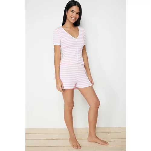 Trendyol Pink Cotton Blend Striped Camisole Knitted Pajamas Set