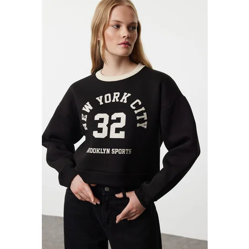 Trendyol Black Color Blocked Slogan Oversize Crop Thick Inside Fleece Knitted Sweatshirt