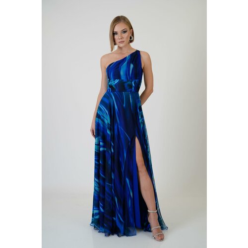 Carmen Saxe Blue Single Sleeve Slit Printed Evening Dress Slike
