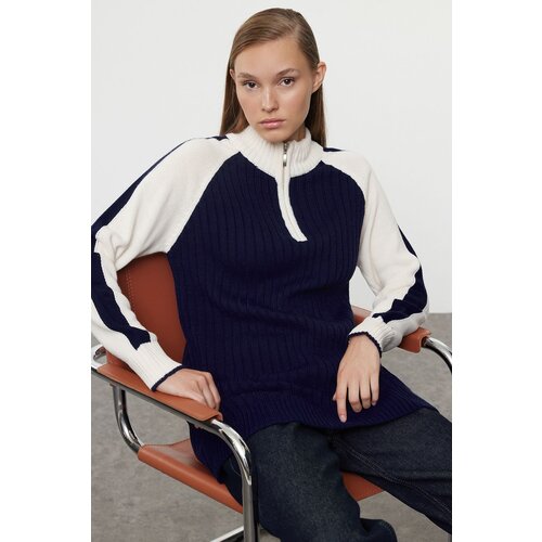 Trendyol Navy Blue Color Block Zipper Collar Knitwear Sweater Cene