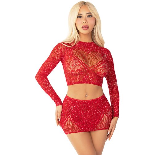 LEG AVENUE DRESSES LEG AVENUE - SHINY NET CROP + MINI SKIRT RED Cene