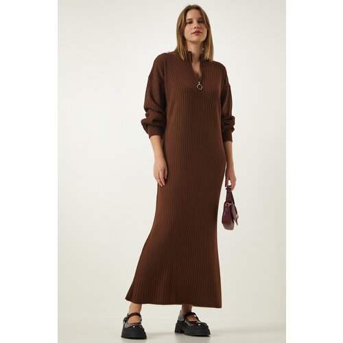Happiness İstanbul Women's Brown Zipper Collar Ribbed Long Knitwear Dress Slike