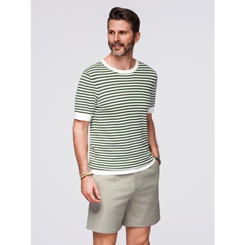 Ombre Men&amp;#039;s knitted t-shirt with navy stripes and openwork weave - olive and white Slike