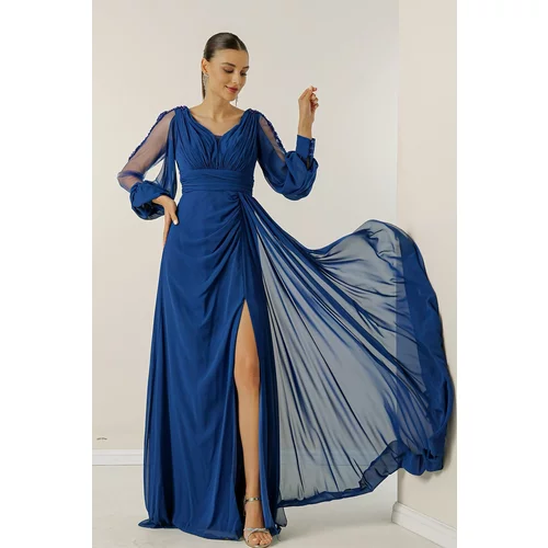 By Saygı V-Neck Long Evening Chiffon Dress with Draping and Lined Sleeves.