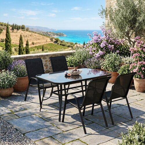 Fieldmann Ba&amp;scaron;tenska garnitura crna &amp;ndash; set 4 stolica i sto sa kaljenim staklom (150 cm) Slike