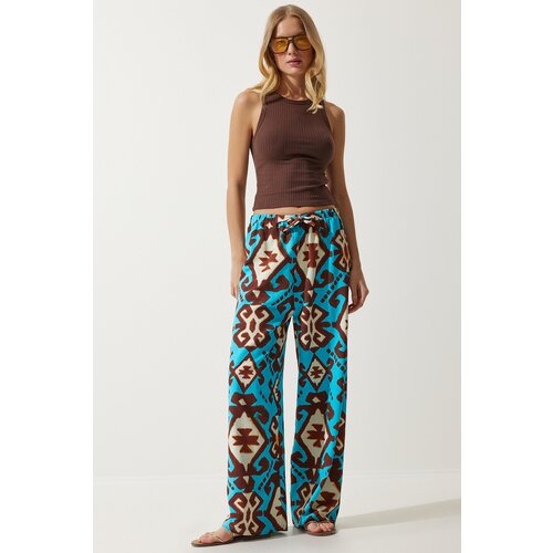 Happiness İstanbul Women's Turquoise Patterned Raw Linen Palazzo Trousers Slike