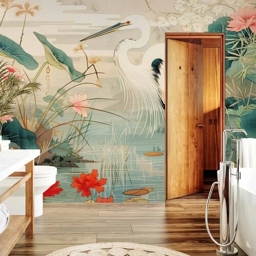  Foto tapeta - By an Asian pond - an illustration in the style of a Japanese engraving depicting a heron 250x175 Vodootporna Slike