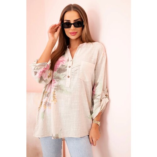 Kesi Włoski Women&amp;#039;s cotton blouse with a floral pattern and buttons beige Slike