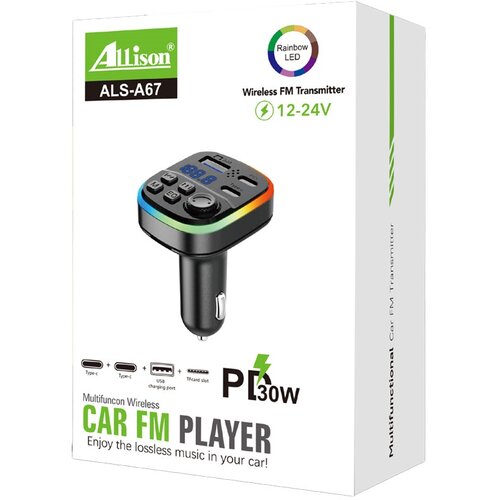  BLUETOOTH FM TRANSMITER ALS-A67 PD 30W 2USB TF CARD SLOT Slike
