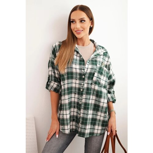 Kesi Włoski Women&amp;#039;s cotton checkered shirt with a distressed effect green Slike