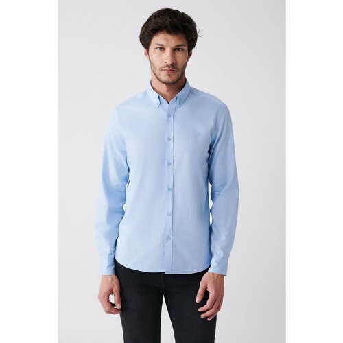 Avva Men's Light Blue Oxford 100% Cotton Buttoned Collar Standard Fit Regular Fit Shirt Cene