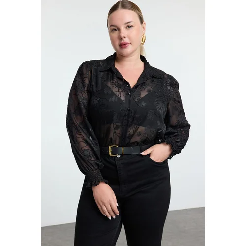 Trendyol Curve Black Floral Sleeveless Gipel Transparent Woven Plus Size Shirt