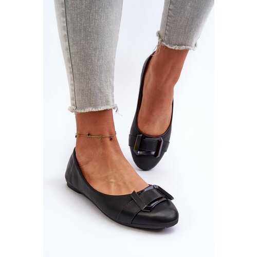 FD1 Black Eco Leather Ballerina Flats with Strap and Ornament Cadwenla Slike