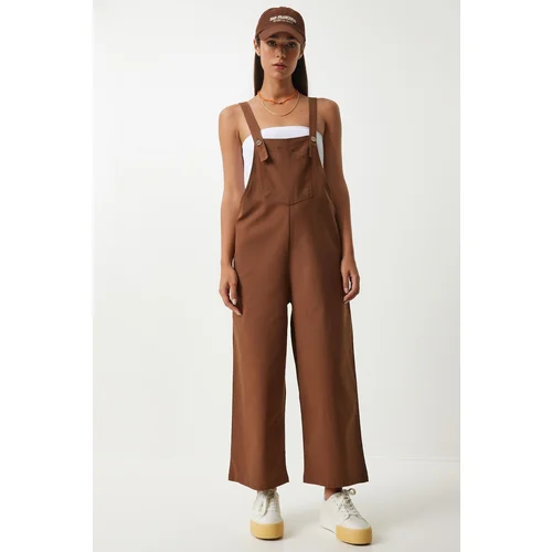 Happiness İstanbul Women's Brown Strappy Thin Gabardine Summer Gardener Overalls