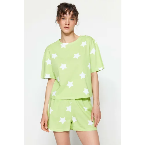 Trendyol Light Green 100% Cotton Star Printed T-shirt-Shorts Knitted Pajamas Set