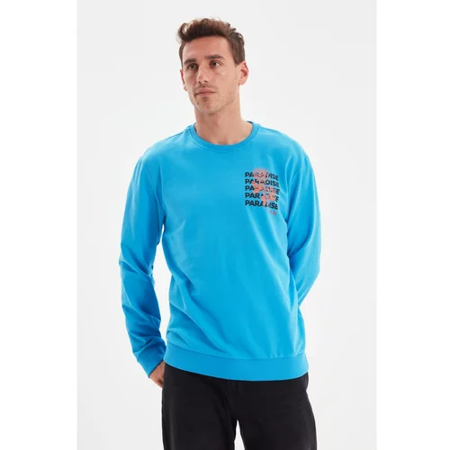 Trendyol Blue Men Regular Fit Long Sleeve Crew Neck Printed Sweatshirt