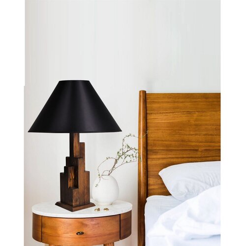 Opviq Kule Ceviz Ahşap Masa Lambası Pramit Siyah Abajurlu BlackWalnut Table Lamp Slike