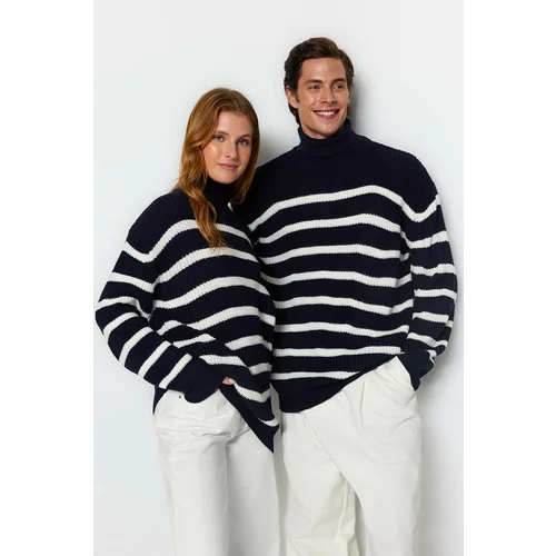 Trendyol Navy Blue Unisex Oversize Fit Wide Fit Striped Knitwear Sweater.