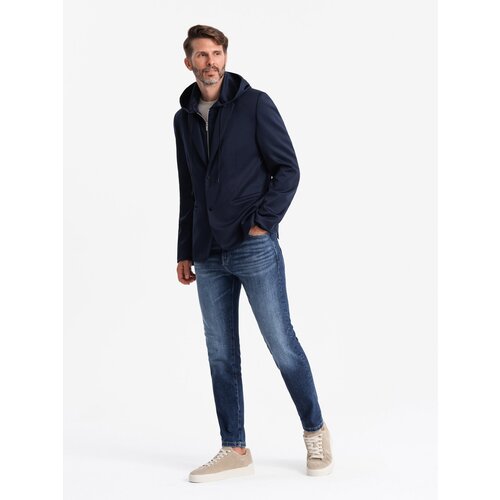 Ombre Men&amp;#039;s blazer with detachable underlining and hood - navy blue Slike